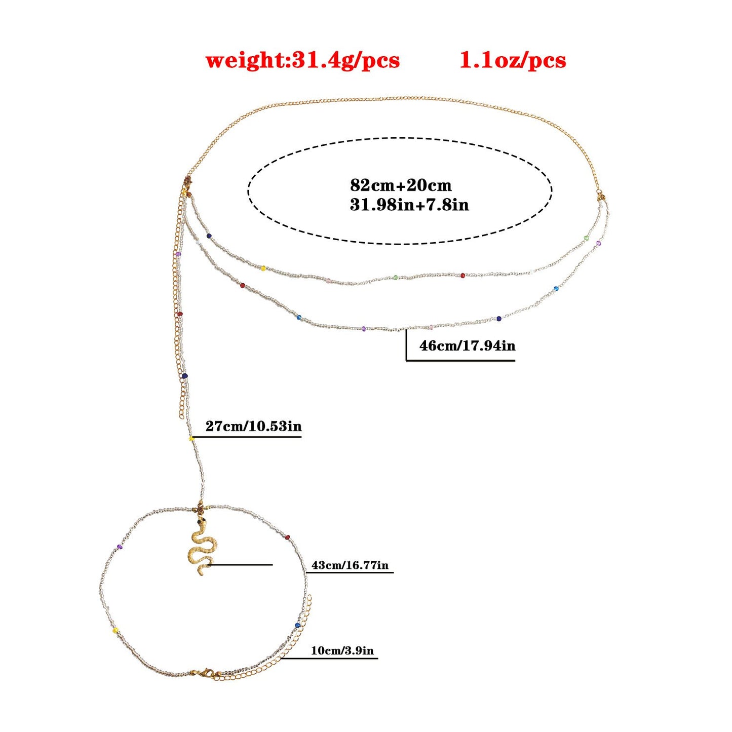 Jewelry Bohemia Transparent White Rice Beads Waist Chain Snake Pendant Leg Chain Body Chain Female Accessories