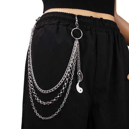 Jewelry trendy cool drop oil black and white Tai Chi pendant waist chain female metal ring chain pants chain waist decoration