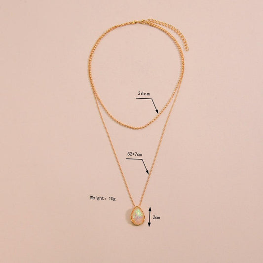 Retro Ins Water Drop Imitation Opal Pendant Necklace Fashion Double Layer Necklace Accessories