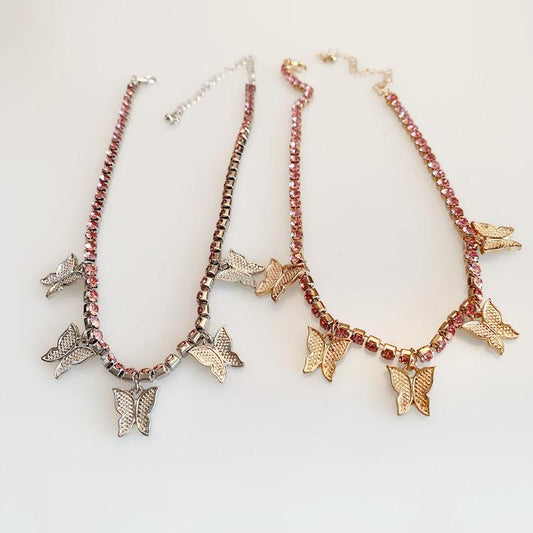 Jewelry personality geometric single-layer three-dimensional rhinestone pendant temperament diamond studded small butterfly tassel necklace