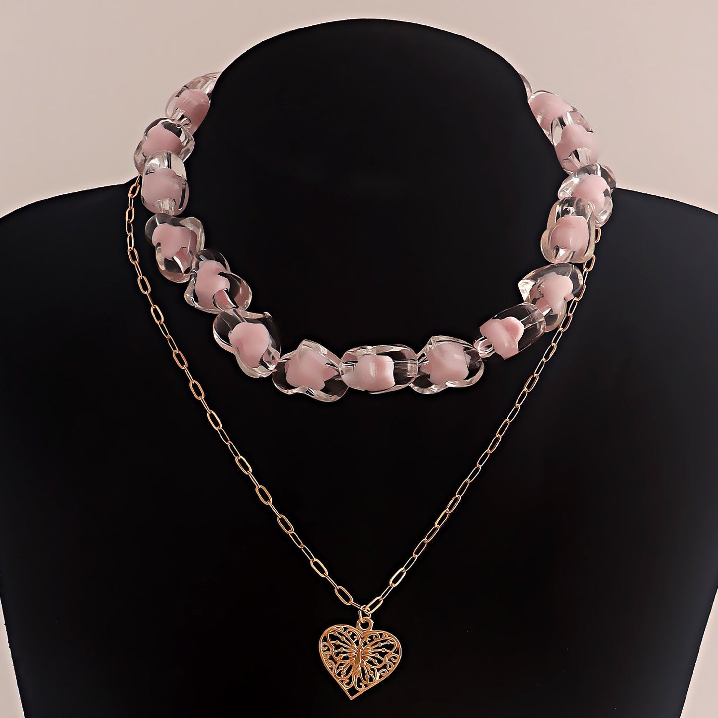 Jewelry ins double-layer pink love beaded necklace female niche design light luxury clavicle chain