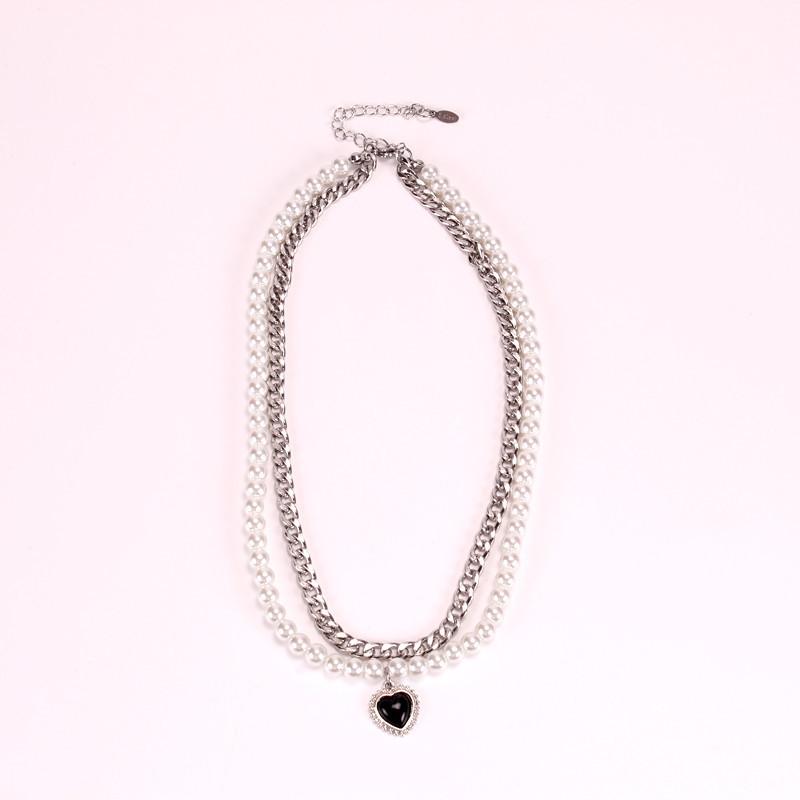 Stainless steel color-preserving black love necklace ins pearl clavicle chain necklace retro double temperament net red necklace