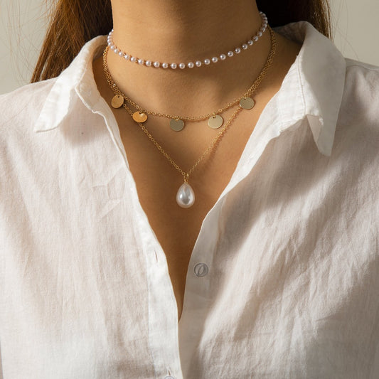 Jewelry Temperament Imitation Pearl Geometric Tassel Multilayer Necklace Versatile Simple Water Drop Pendant Necklace