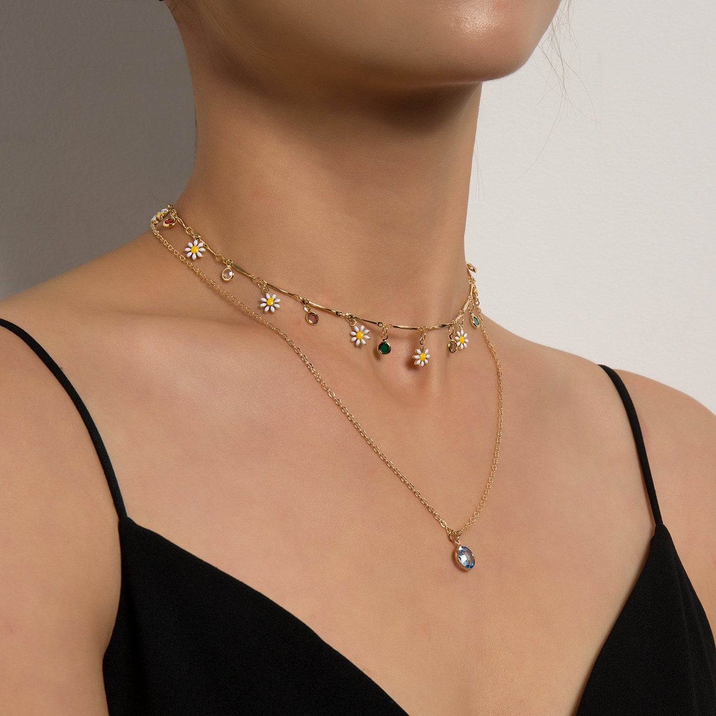 Jewelry fashion simple multi-layer daisy drop glaze necklace personalized multicolored gemstone diamond pendant