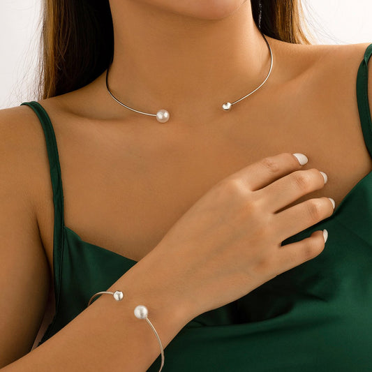 Jewelry Temperament Imitation Pearl Single Layer Metal Necklace Simple Bead Pendant Clavicle Collar Female