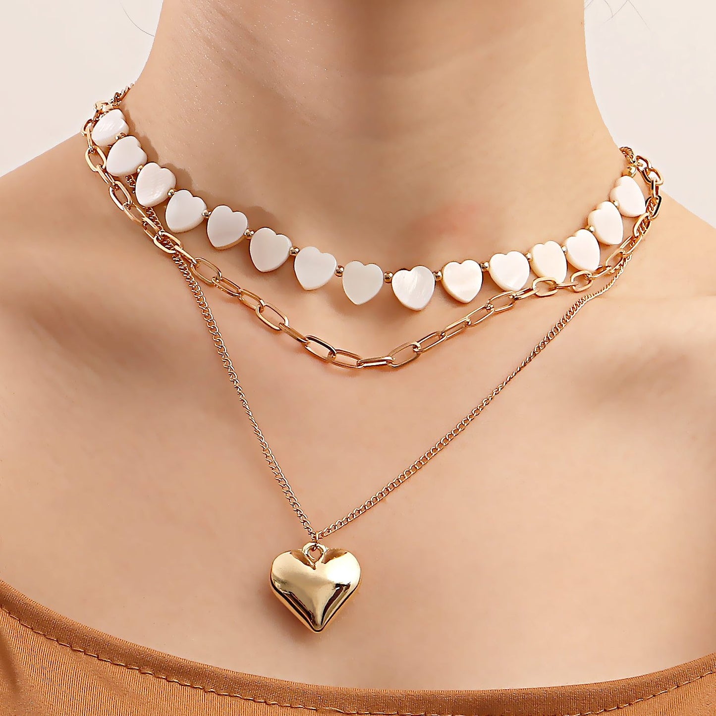 Jewelry ins multi-layer imitation white mother-of-pearl love pendant necklace female exaggerated big peach heart necklace