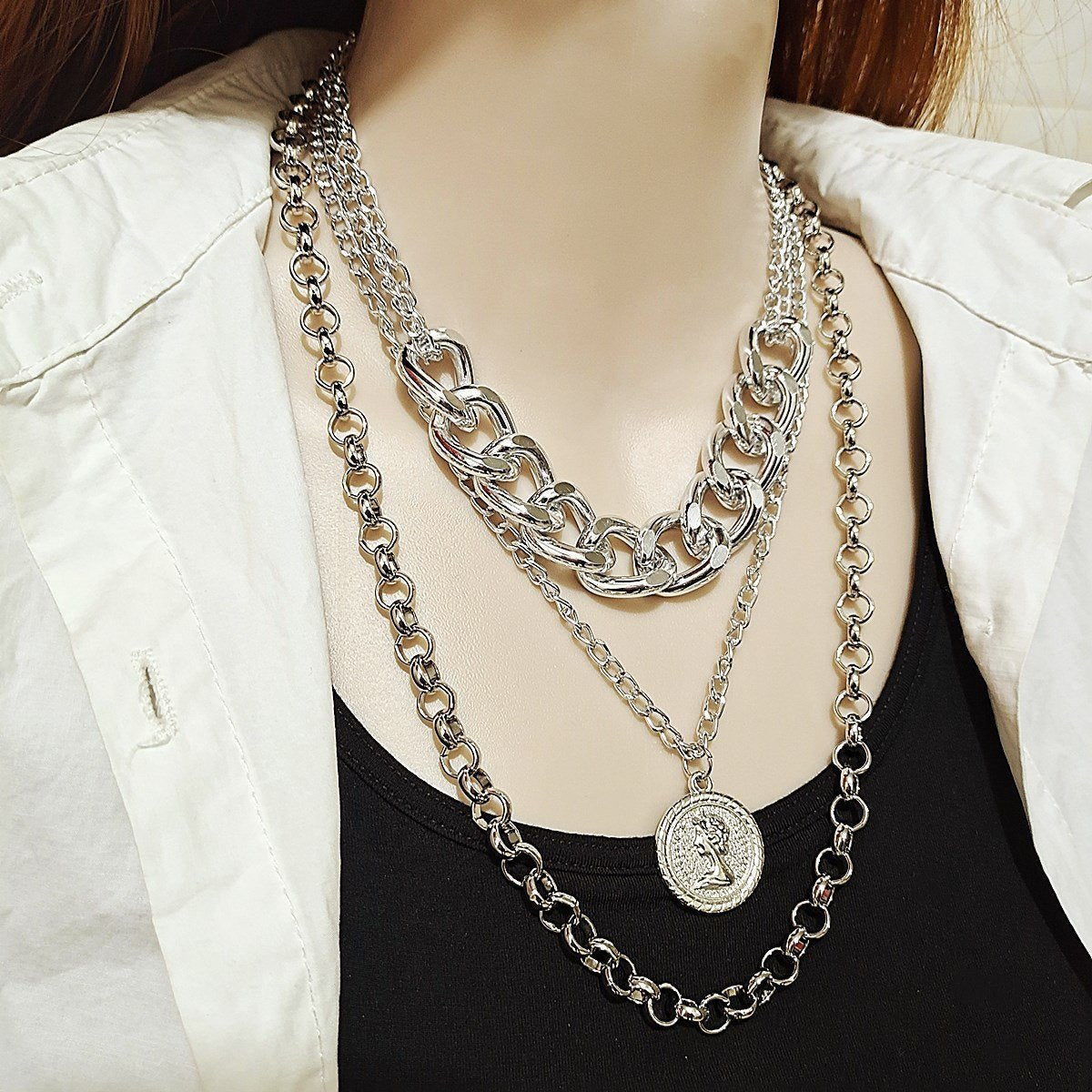Jewelry Personality Exaggerated Chain Necklace Sweater Chain Simple Queen Pendant Multilayer Necklace Female