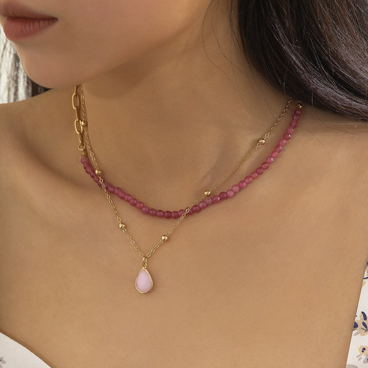 Jewelry simple and versatile rice beads imitation crystal clavicle chain retro niche water drop pendant necklace female