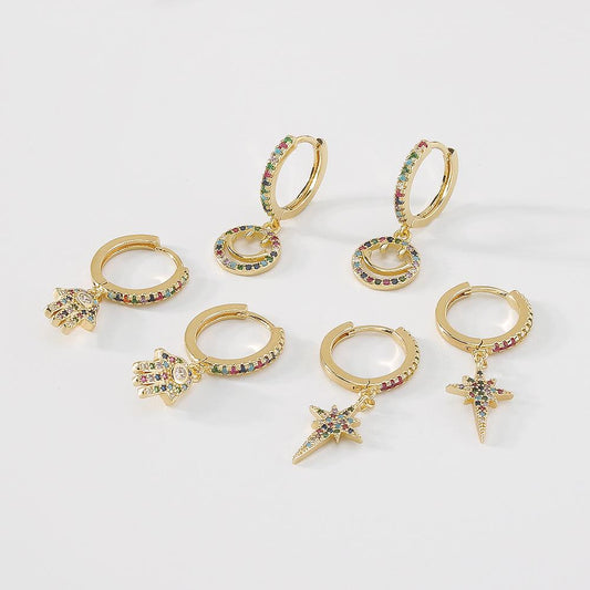 ZE66 net red geometric ear buckle copper micro-inlaid color zircon octagonal palm smile earrings female