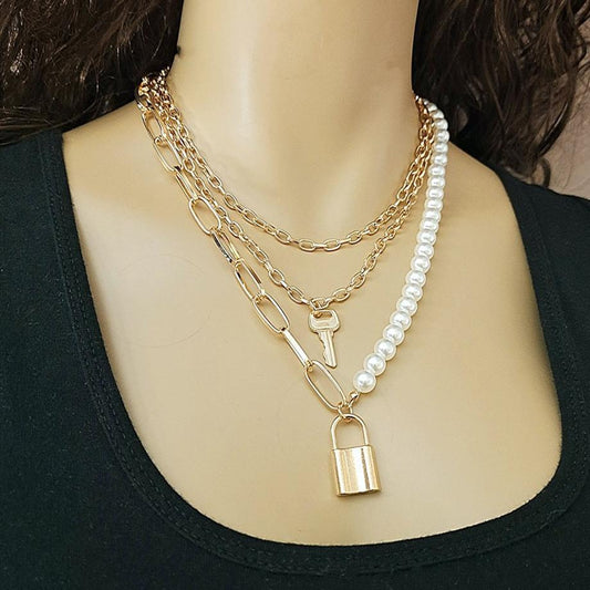 Jewelry multi-layer pearl thick chain necklace female retro lock two-piece chain