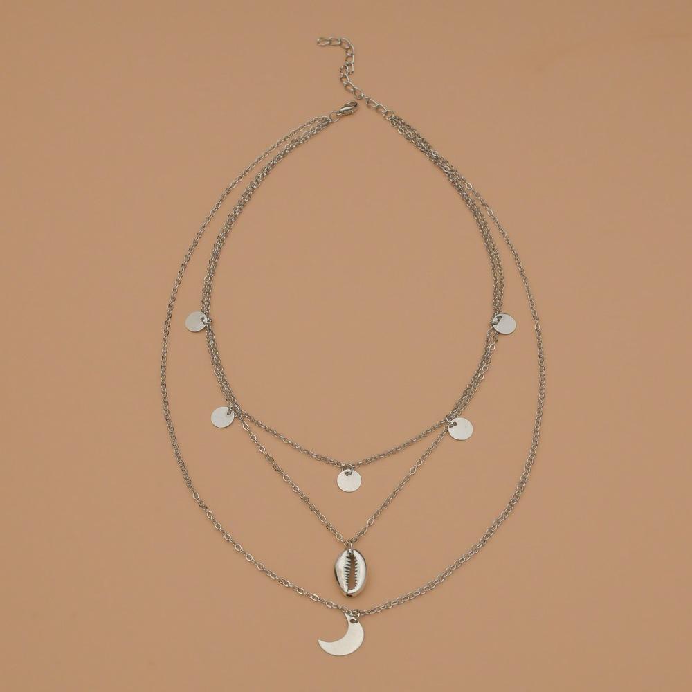 Fashion Vintage Shell Moon Pendant Necklace Round Iron Plate Clavicle Chain Necklace Jewelry