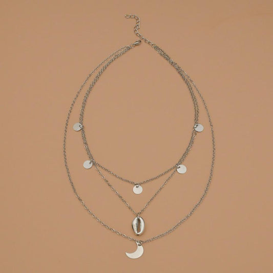 Fashion Vintage Shell Moon Pendant Necklace Round Iron Plate Clavicle Chain Necklace Jewelry