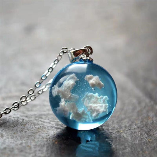 Creative handmade jewelry blue sky white cloud forest transparent spherical resin pendant short necklace ETSY