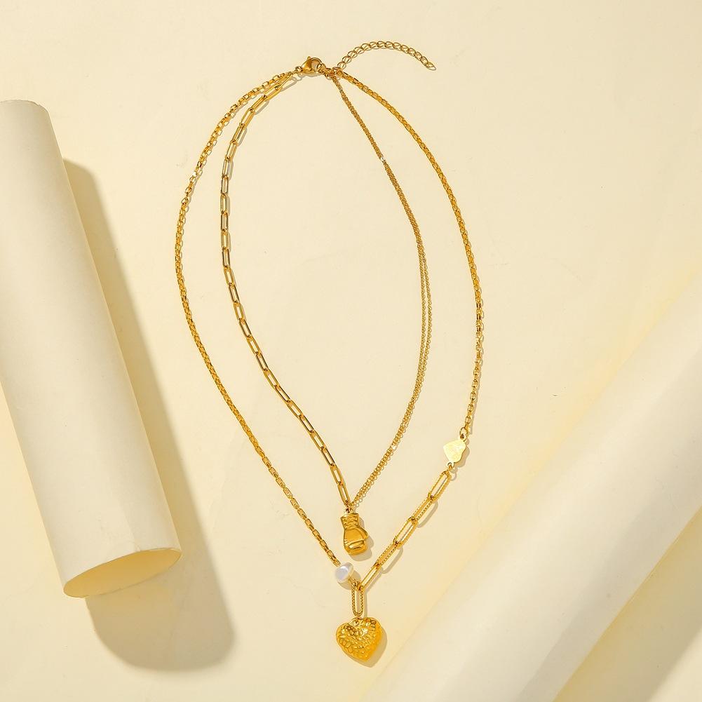 Fashion personality simple stainless steel double-layer boxing gloves knock pattern heart necklace peach heart pendant jewelry female