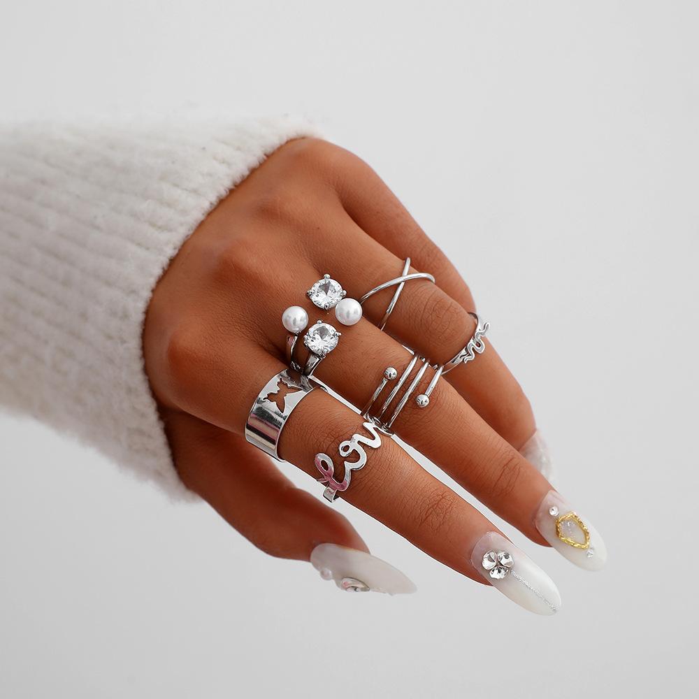 Fashion Retro Butterfly Love Snake Spring Pearl Multi-Piece Ring Set Six-Piece Set Ladies Jewelry