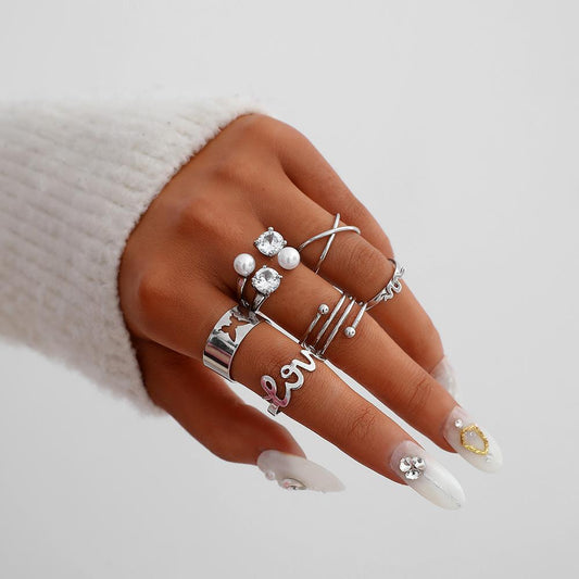 Fashion Retro Butterfly Love Snake Spring Pearl Multi-Piece Ring Set Six-Piece Set Ladies Jewelry