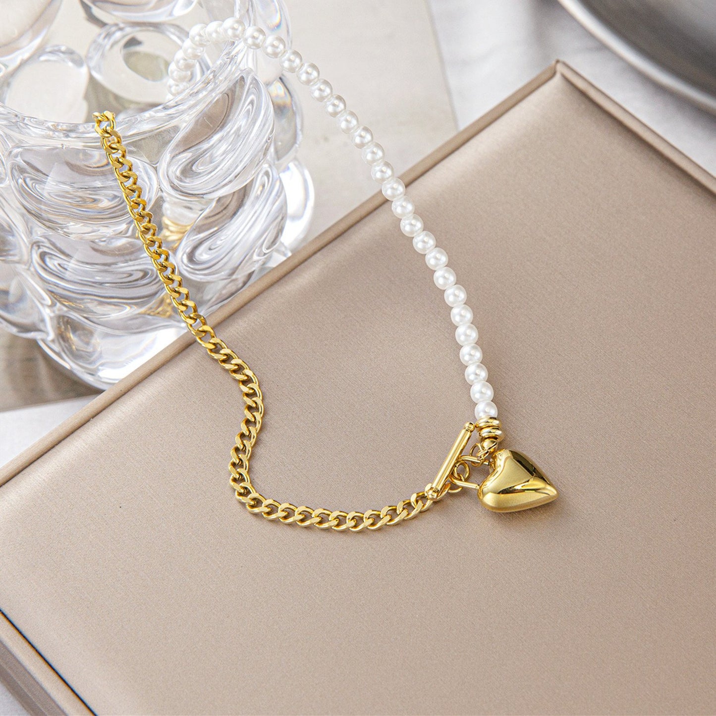 Natural freshwater pearl necklace women's titanium steel small heart necklace double stacked elegant clavicle chain jewelry