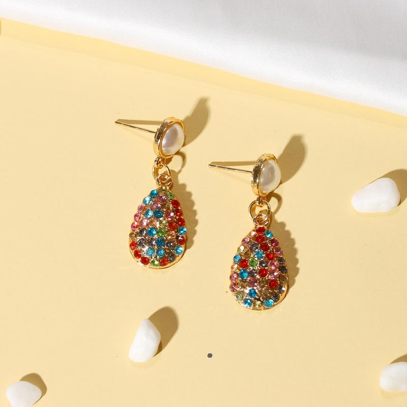 Retro Earrings Colorful Diamond Drop-shaped Pearl Stud Earrings Earrings Court Lady Temperament Earrings