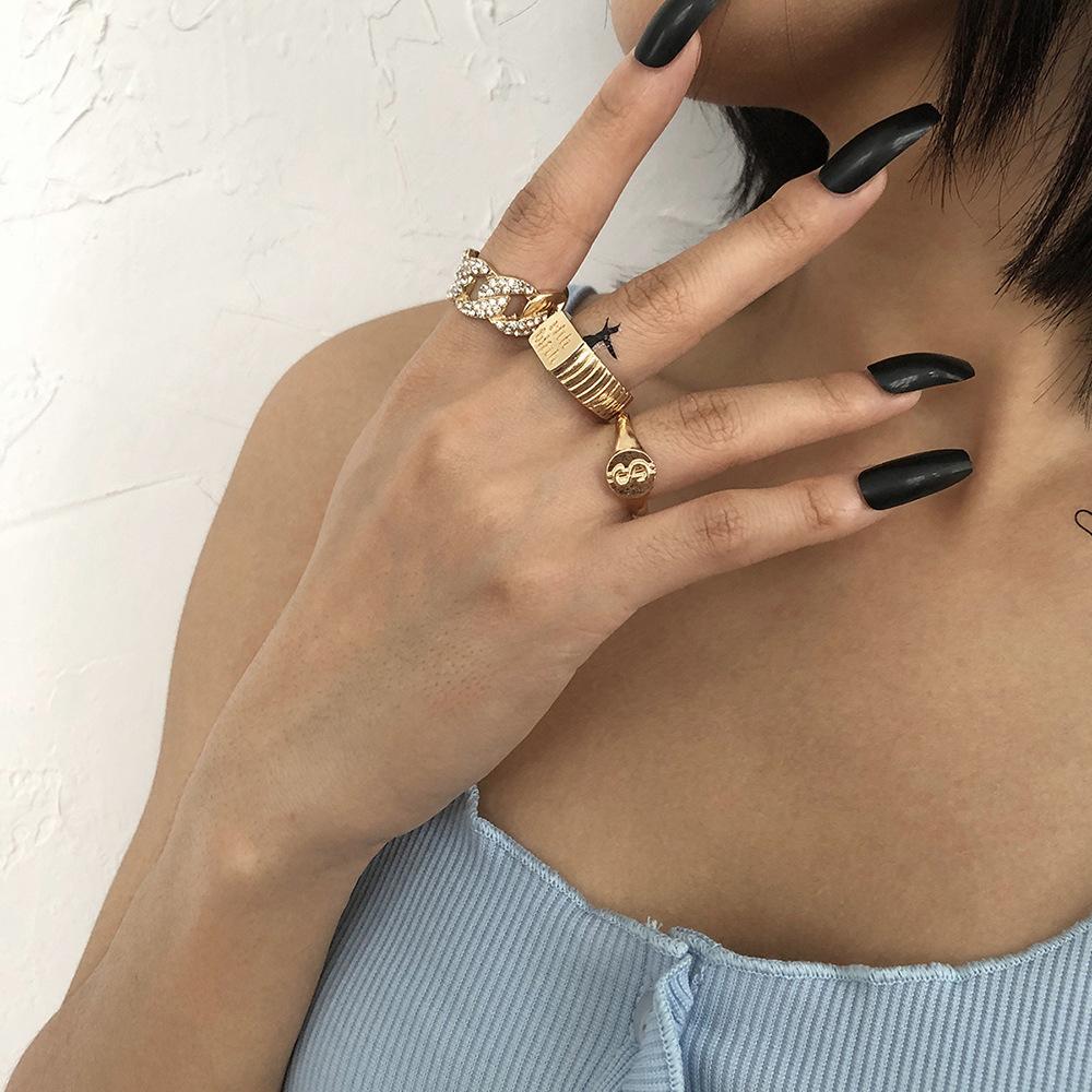 R422 trend jewelry personality simple diamond joint ring set geometric retro ring female