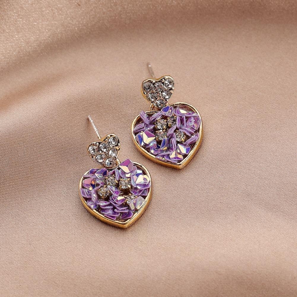 Purple Heart Earrings Full of Diamonds Elegant Peach Heart Pendant Versatile Earrings Jewelry