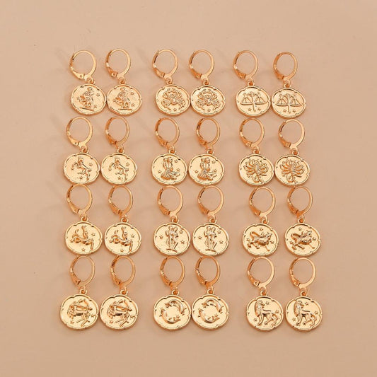 Popular 12 Constellation Earrings Retro Fashion Alloy Round Buckle Earrings Ladies Accessories