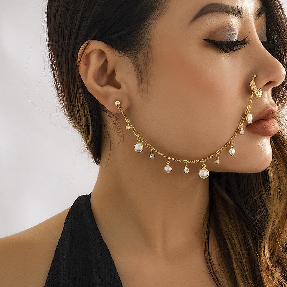 Jewelry creative metal star-shaped earrings national imitation pearl sequins tassel earrings nose clip