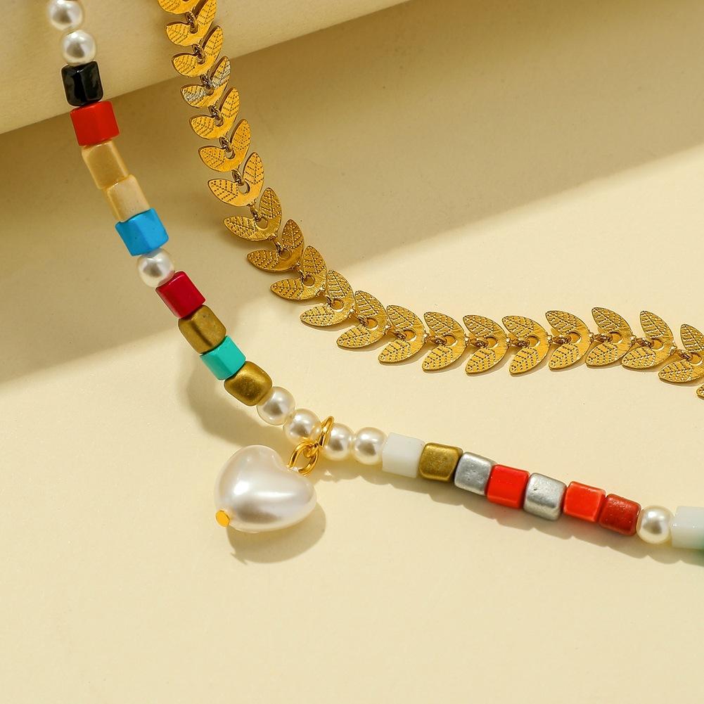 Bohemia Color Rice Bead Bracelet Stainless Steel Wheat Ear Chain Love Pearl Hand Jewelry Female