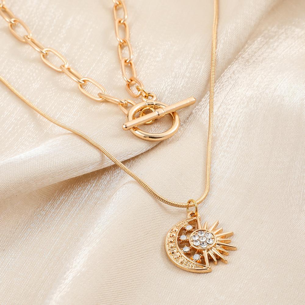 Frosty double-layer gold star moon sun OT buckle chain retro simple all-match ladies necklace