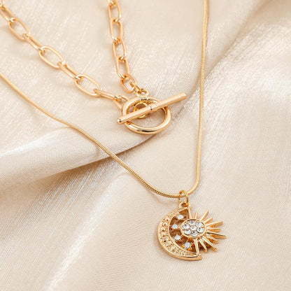 Frosty double-layer gold star moon sun OT buckle chain retro simple all-match ladies necklace