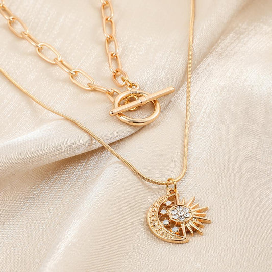 Frosty double-layer gold star moon sun OT buckle chain retro simple all-match ladies necklace