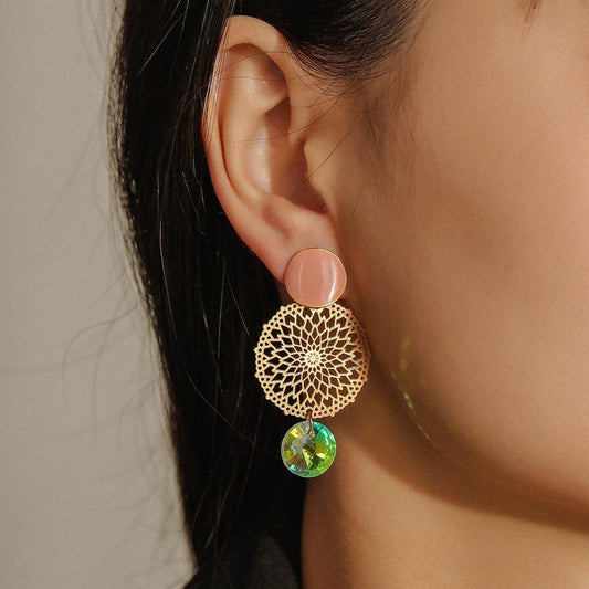 Personalized Hollow Flower Earrings Bohemian Fashion Round Colorful Zircon Temperament Ladies Earrings