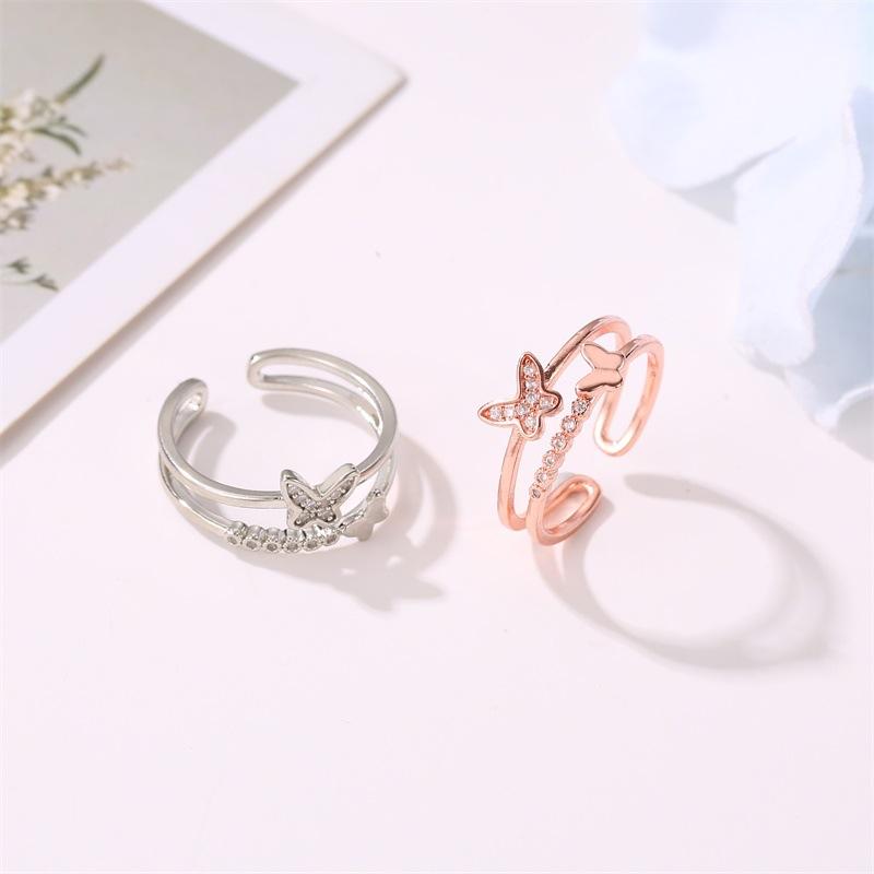 Fashion Jewelry Double Butterfly Ring Women's Popular Rose Gold Diamond Opening Adjustable Ring