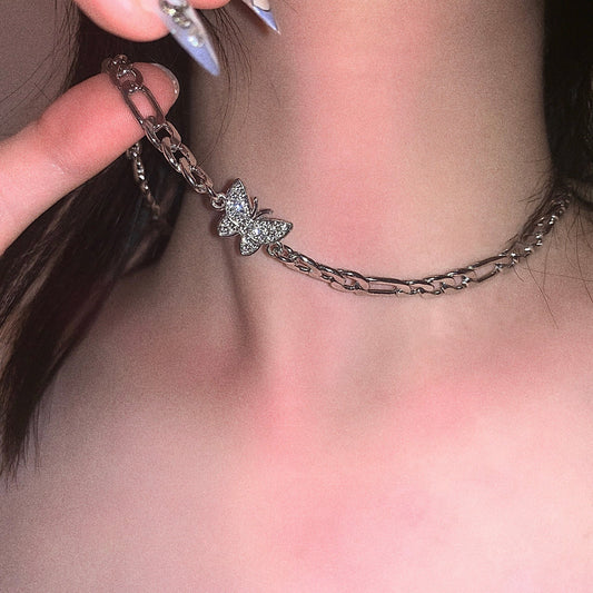 Full diamond stainless steel non-fading butterfly necklace cold titanium steel necklace net red collarbone chain jewelry female