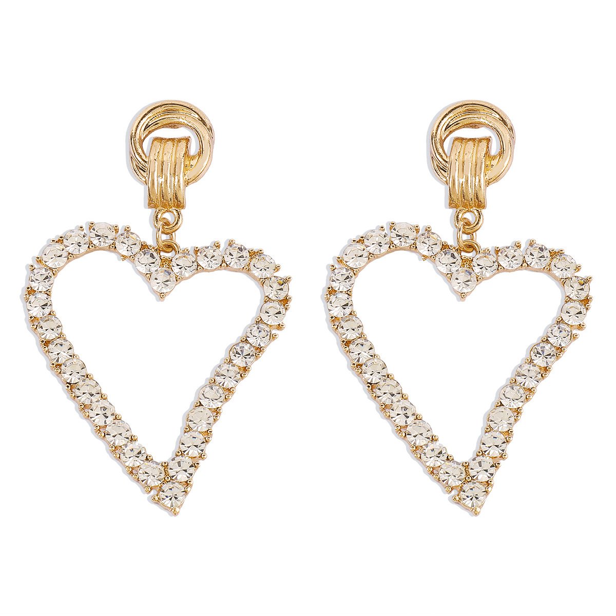 E1634 Fashion asymmetric full diamond earrings femininity age reduction hollow peach heart simple net red earrings
