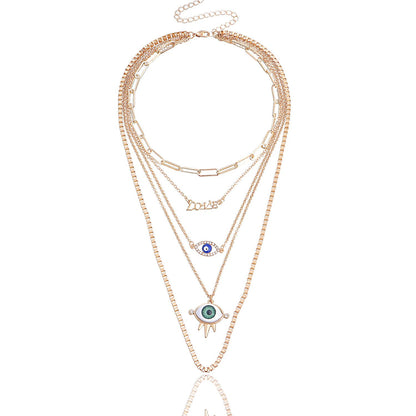 Jewelry trend multi-layer bamboo chain diamond blue eyes LOVE letter pendant necklace female