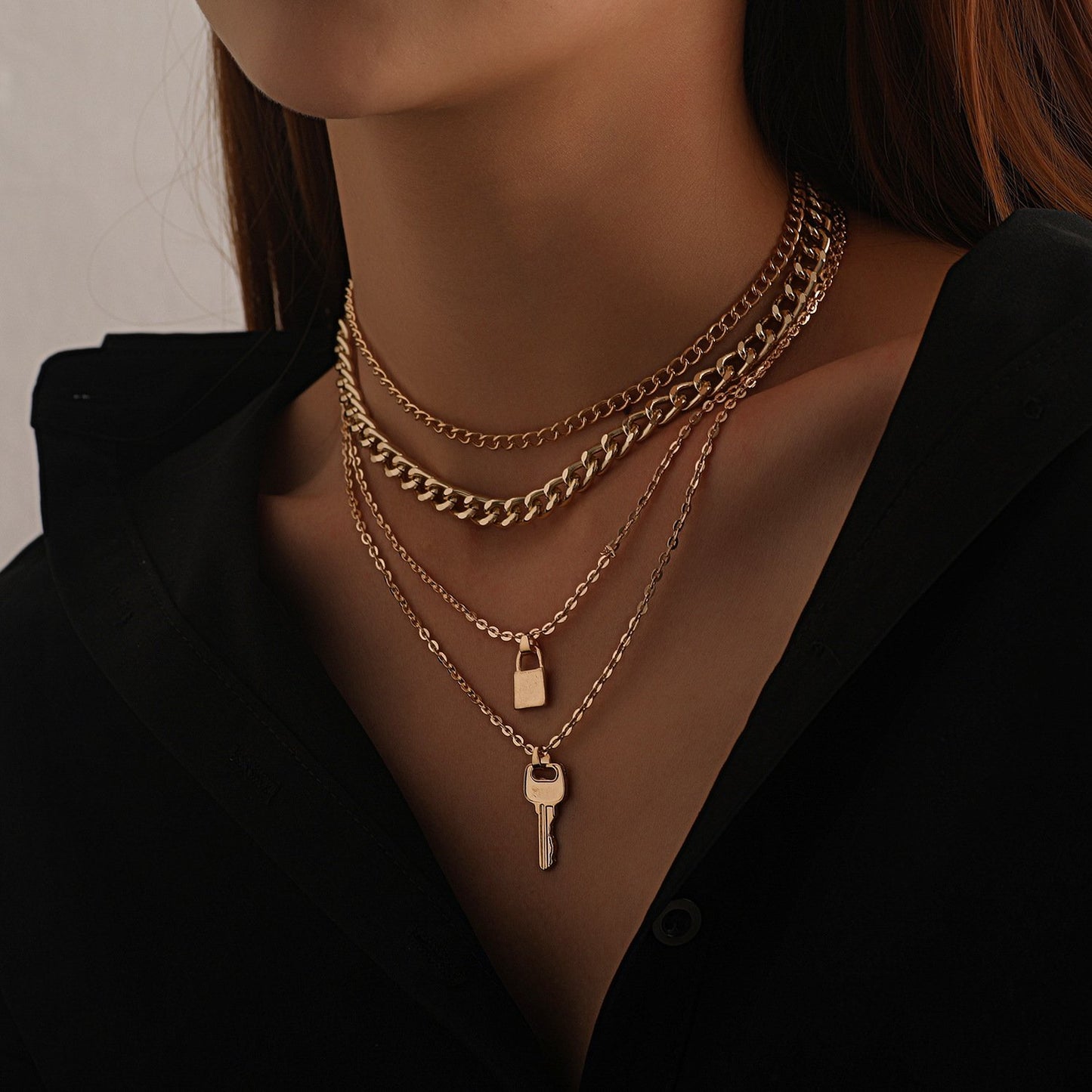 Jewelry popular key lock pendant necklace female punk retro exaggerated multi-layer necklace
