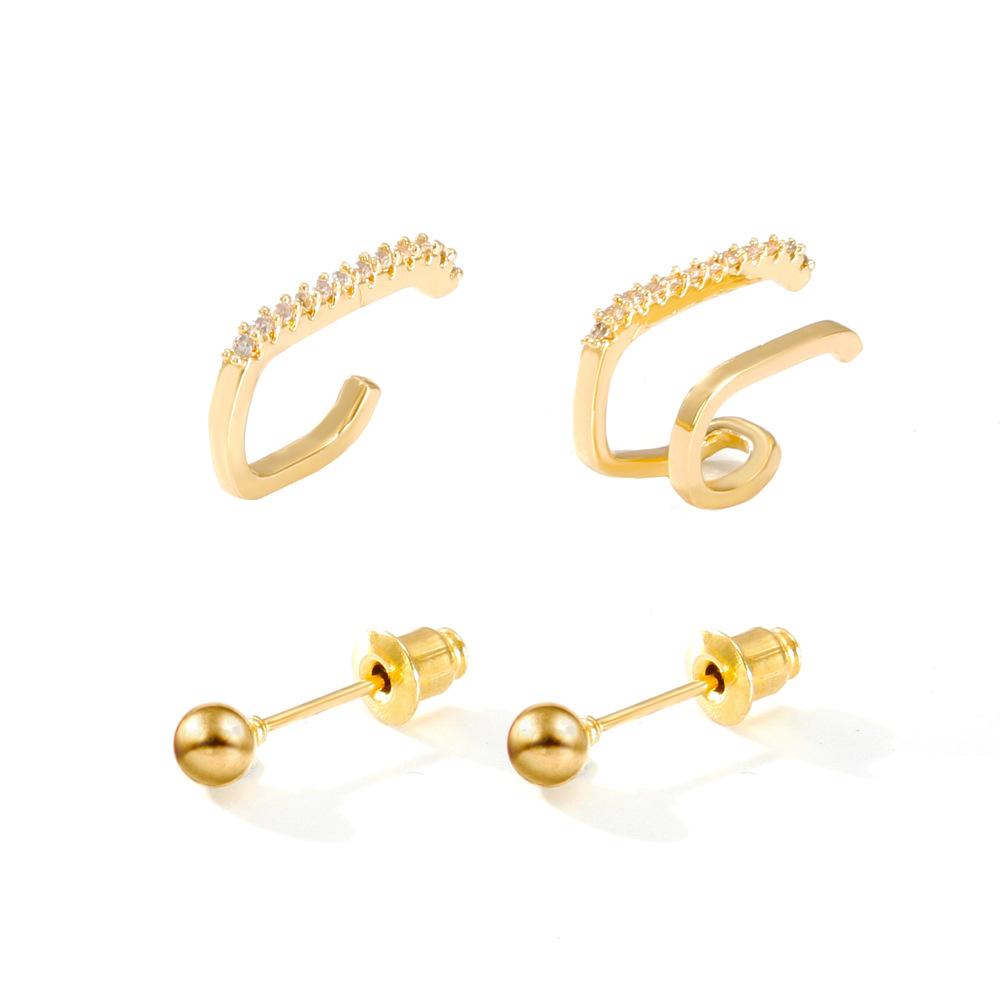 Retro simple geometric ear clip set cold micro-inlaid zircon hole-free ear clip 3-piece set one-piece earrings for women