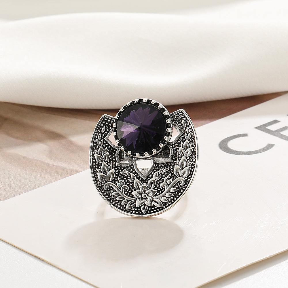 Retro purple gemstone ring Bohemian ethnic carving flower fan-shaped index finger ring ins jewelry