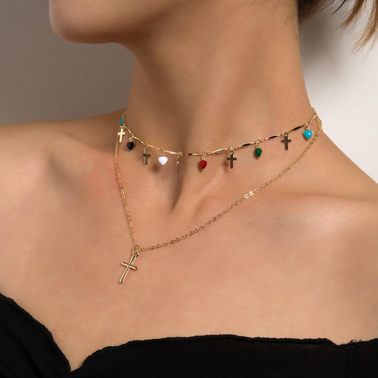 Jewelry Fashion Simple Cross Pendant Female Drop Glaze Heart Colorful Gemstone Tassel Necklace