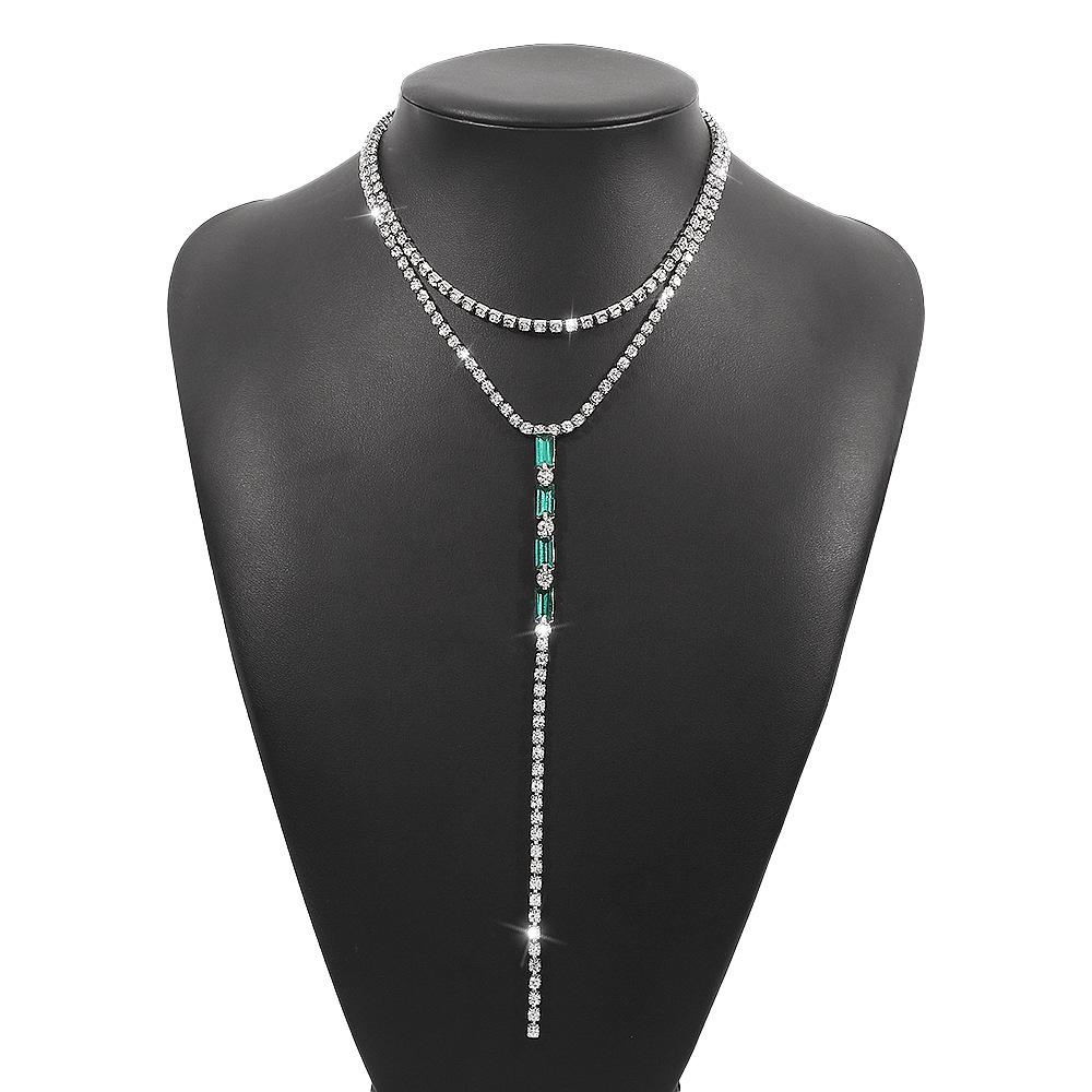 N9872 Fashion Versatile Y-shaped Necklace Simple Temperament Full Diamond Back Chain Super Flash Light Luxury Double Layer Necklace Women