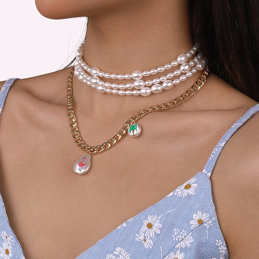 N1516 Exaggerated Pearl Print Necklace Coconut Tree Flamingo Holiday Casual Chain Stacking Necklace