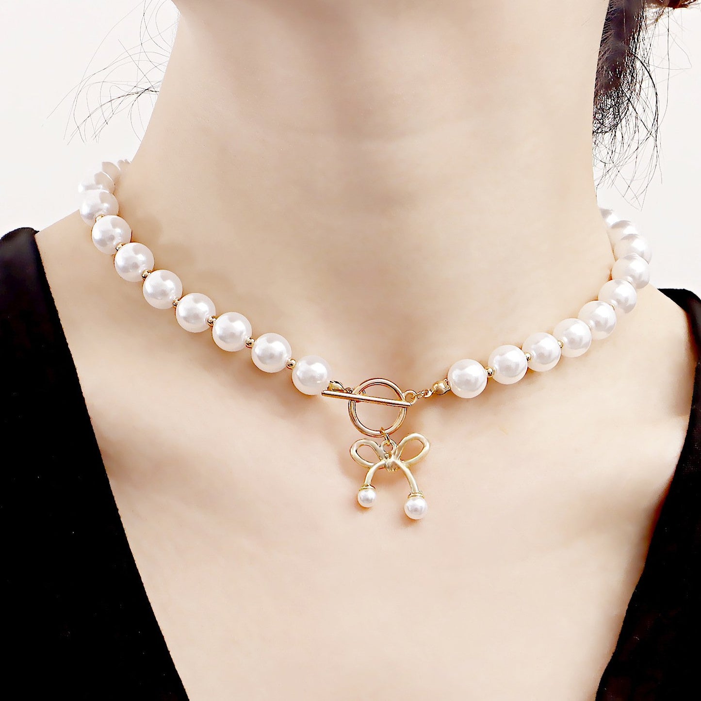 Jewelry choker bow pendant imitation pearl beaded necklace ins explosion