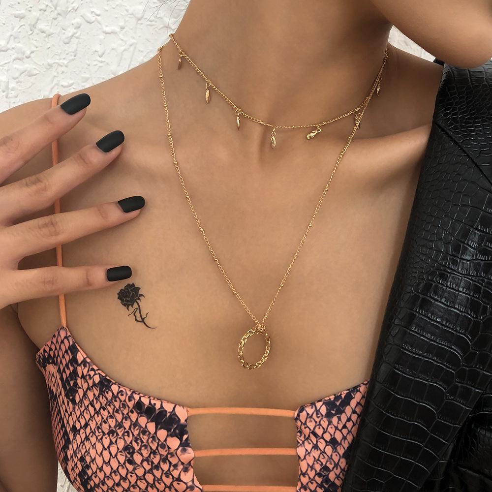 N9285 Double Chain Necklace Small Fresh Sweet Geometric Necklace Simple Fashion Hollow Ring Necklace
