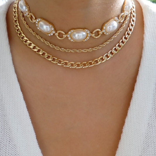 N182 jewelry personalized multi-layer twist Cuban chain imitation pearl necklace temperament geometric necklace