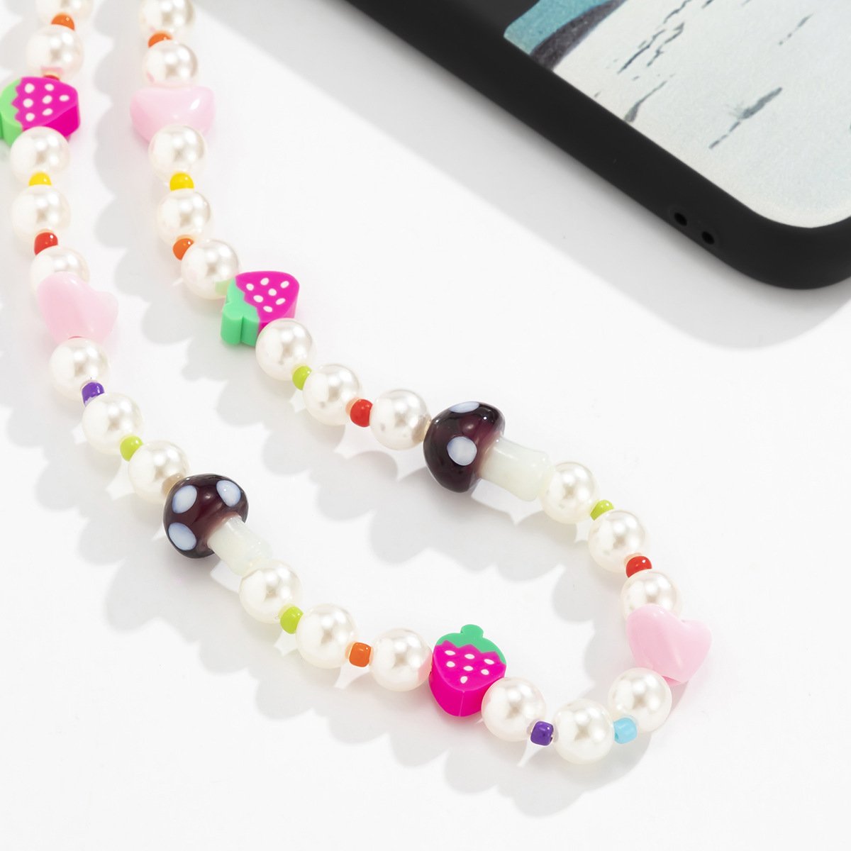 Imitation Pearl Beaded Mushroom Phone Chain Sweet Cool Simple Fruit Strawberry Peach Heart Phone Lanyard