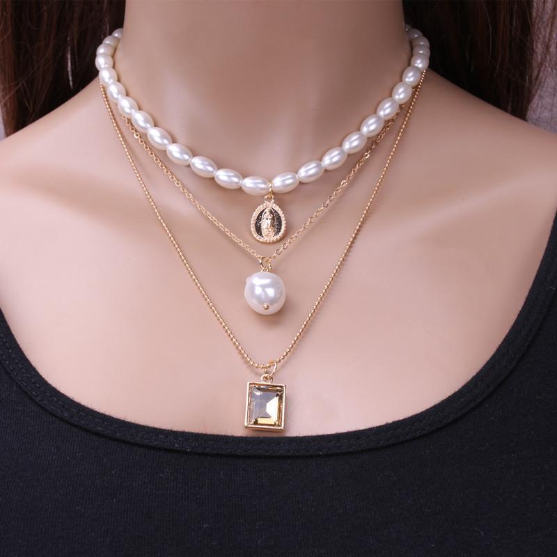 Retro round coin gemstone multi-layer necklace baroque personality trend clavicle chain