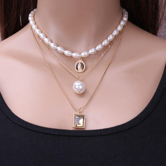 Retro round coin gemstone multi-layer necklace baroque personality trend clavicle chain