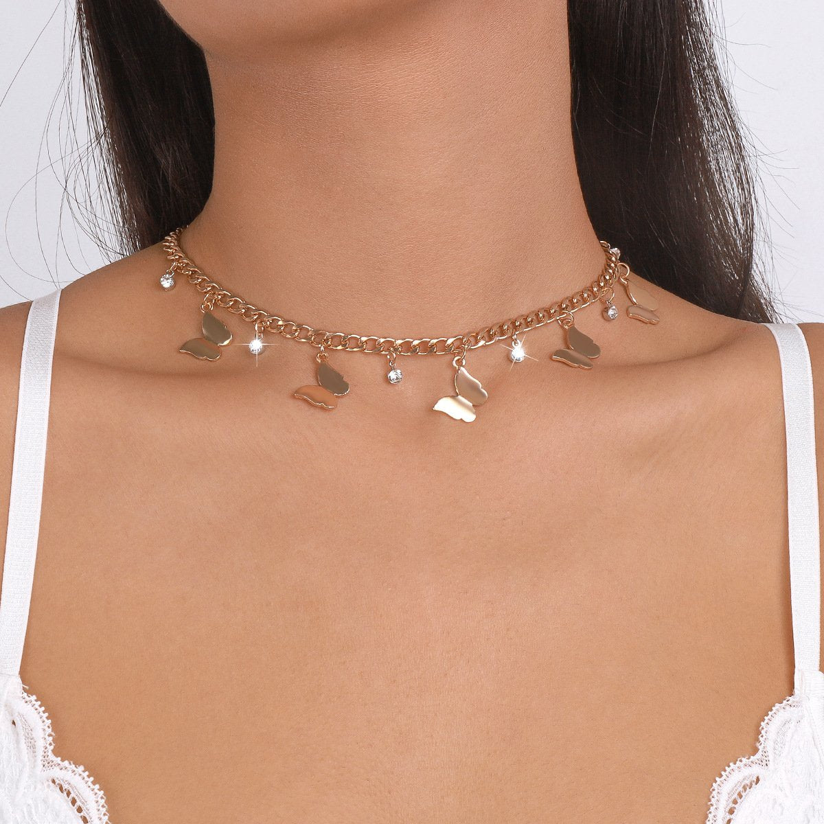 1793 Simple Metal Single Layer Butterfly Rhinestone Necklace Elegant Small Fresh Sweet Fashion Short Clavicle Necklace