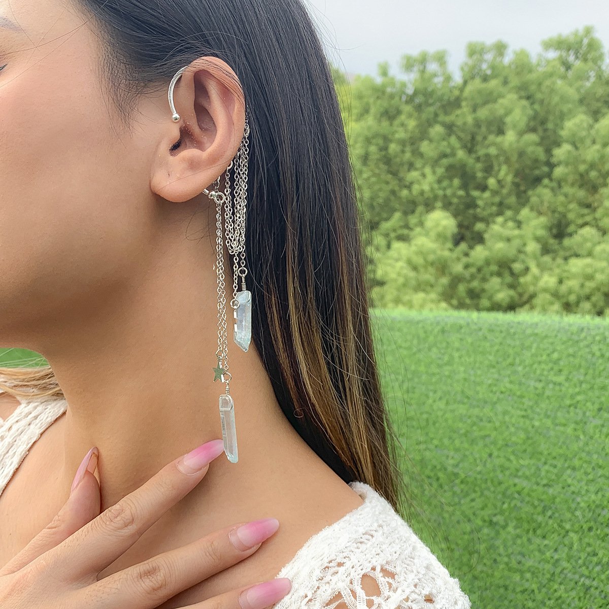 Jewelry Creative Imitation Crystal Tassel Elf Earring Female Simple Single Chain Star Earrings