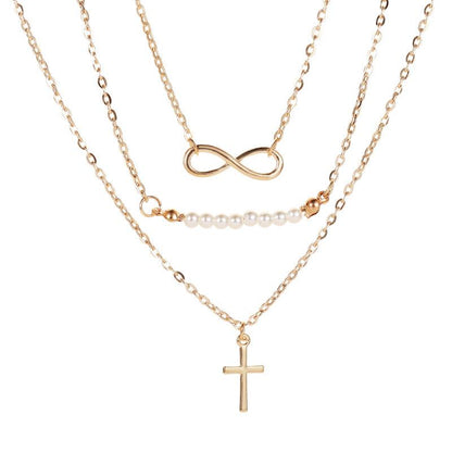 Fashion Women's Figure 8 Pearl Multilayer Pendant Necklace Cross Clavicle Chain Jewelry